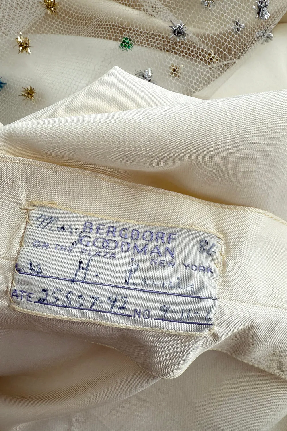 1968 Sarmi Ivory Silk Net Dress w Mink Bodice & Metallic Tinsel Dot Detailing