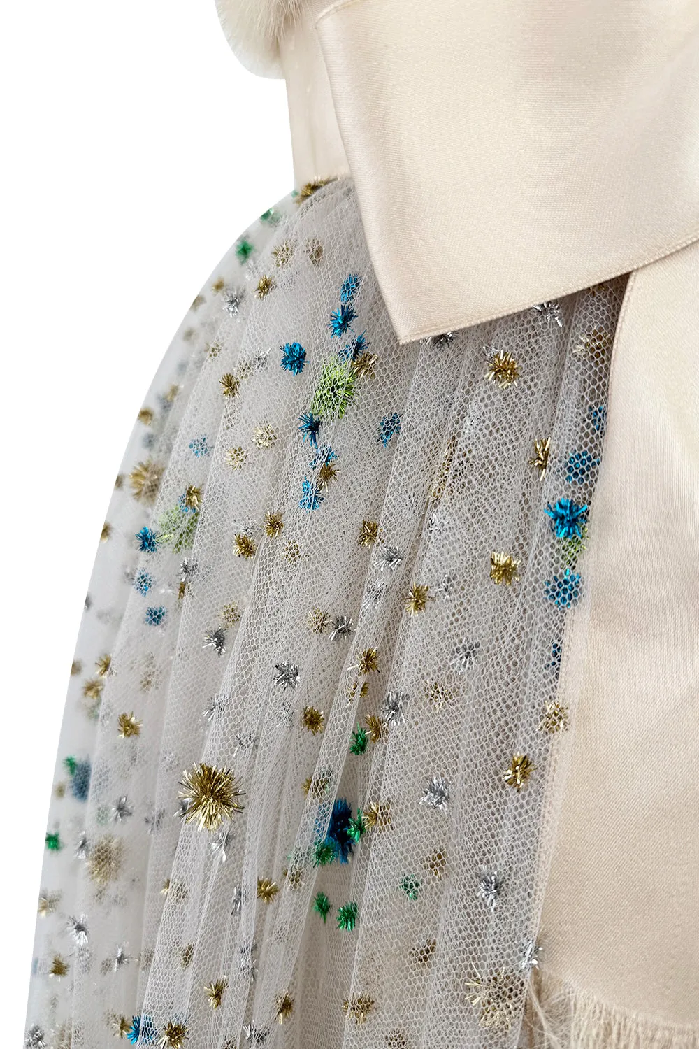 1968 Sarmi Ivory Silk Net Dress w Mink Bodice & Metallic Tinsel Dot Detailing