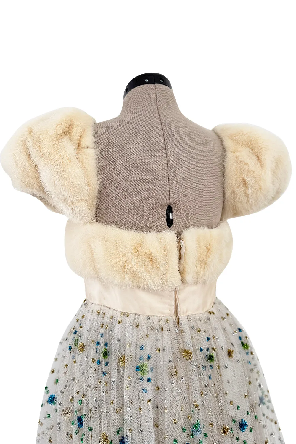 1968 Sarmi Ivory Silk Net Dress w Mink Bodice & Metallic Tinsel Dot Detailing