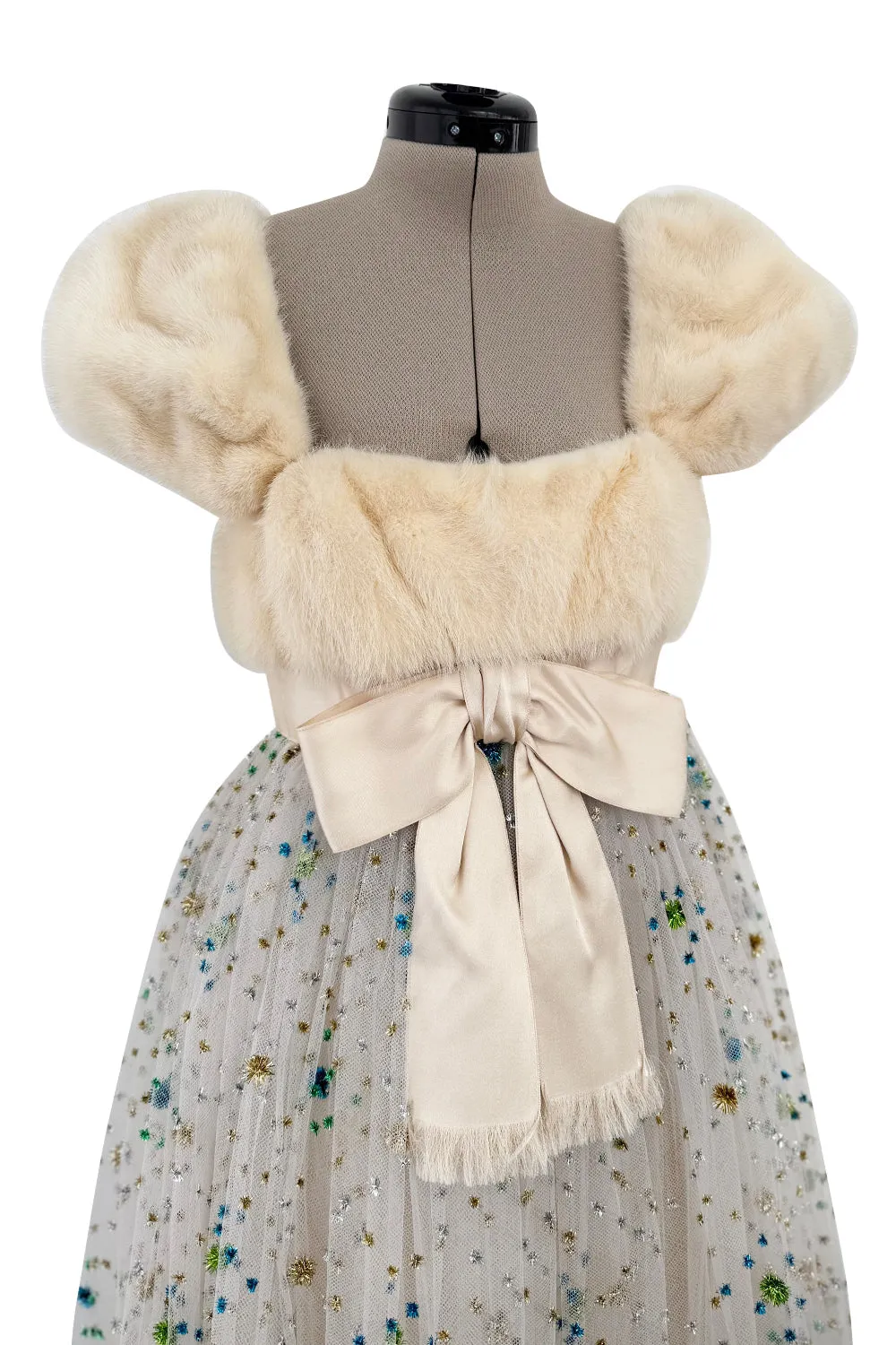 1968 Sarmi Ivory Silk Net Dress w Mink Bodice & Metallic Tinsel Dot Detailing