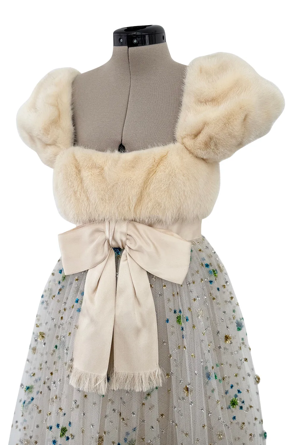 1968 Sarmi Ivory Silk Net Dress w Mink Bodice & Metallic Tinsel Dot Detailing