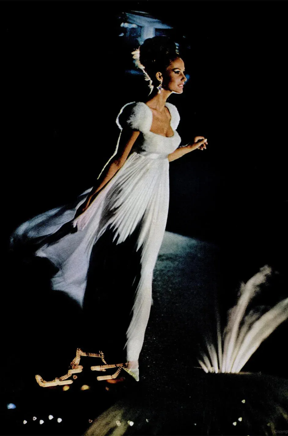 1968 Sarmi Ivory Silk Net Dress w Mink Bodice & Metallic Tinsel Dot Detailing