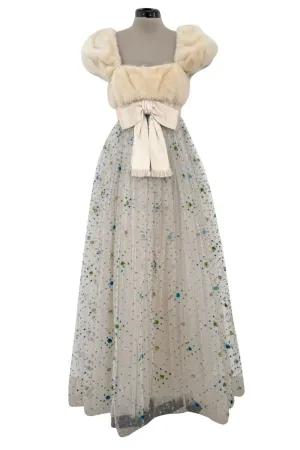 1968 Sarmi Ivory Silk Net Dress w Mink Bodice & Metallic Tinsel Dot Detailing