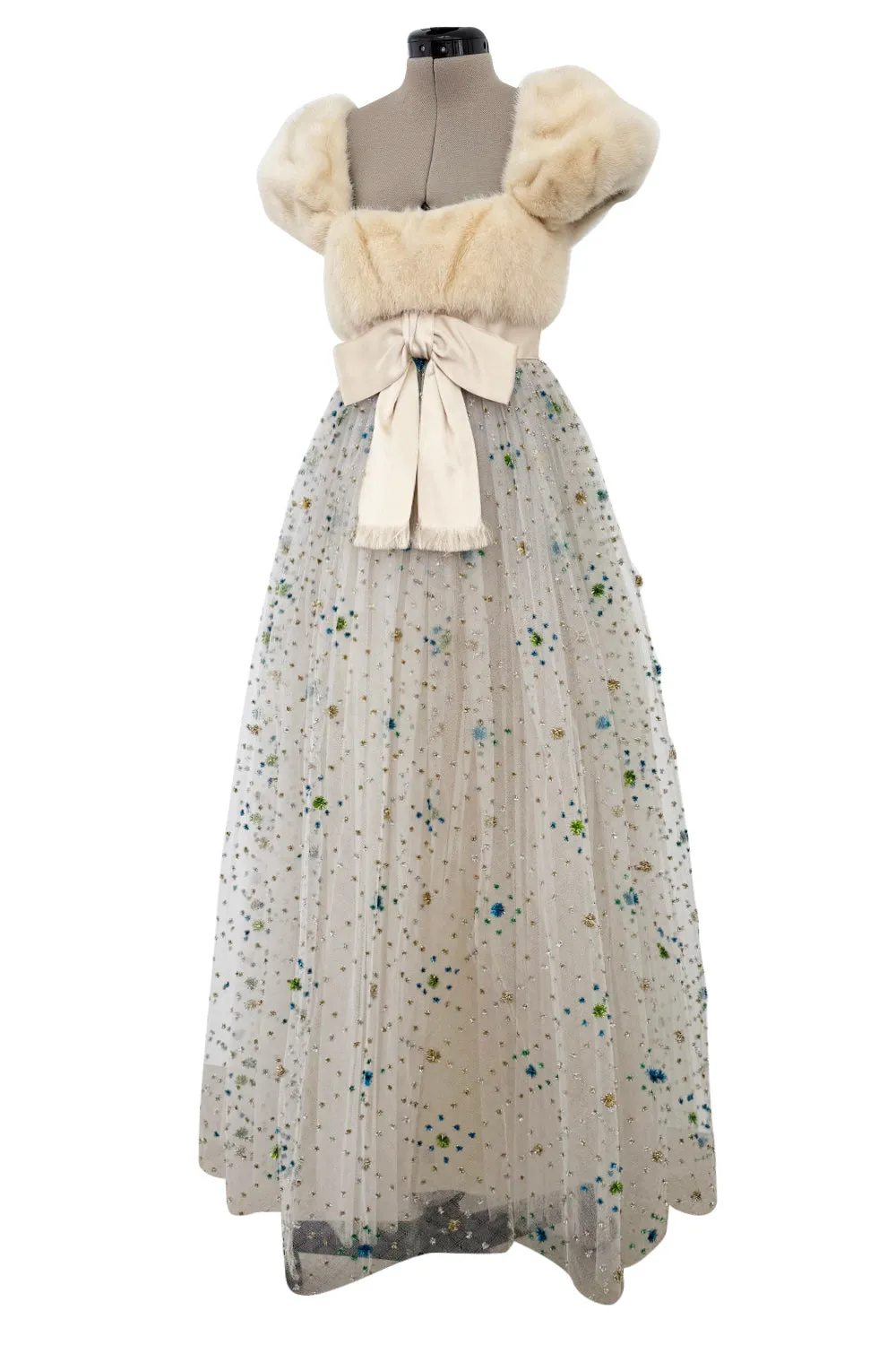 1968 Sarmi Ivory Silk Net Dress w Mink Bodice & Metallic Tinsel Dot Detailing