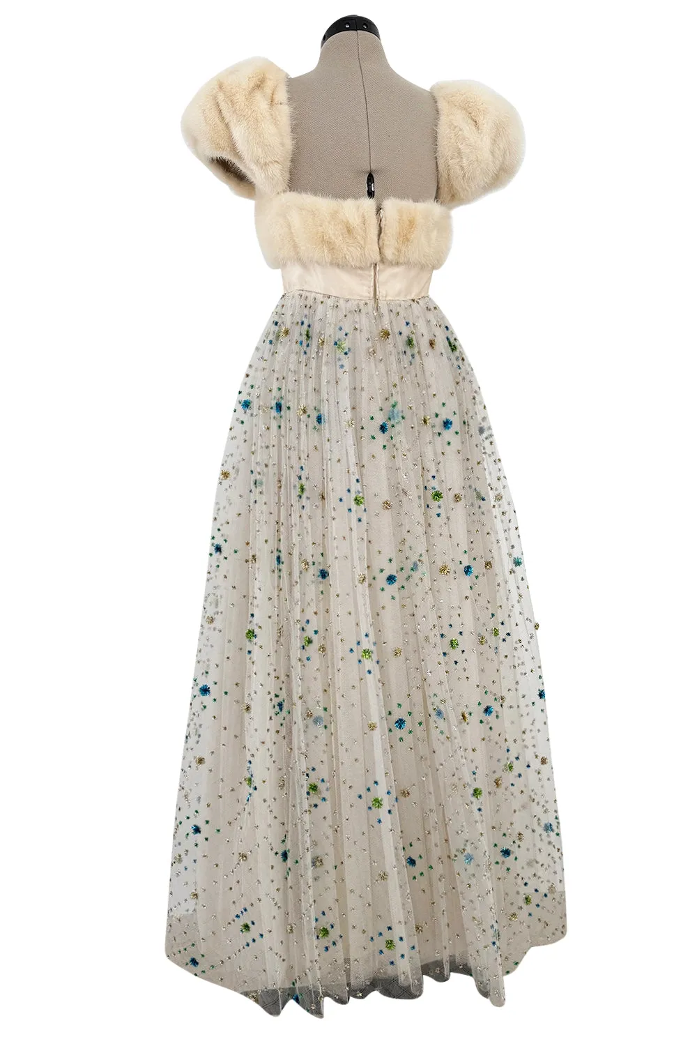 1968 Sarmi Ivory Silk Net Dress w Mink Bodice & Metallic Tinsel Dot Detailing