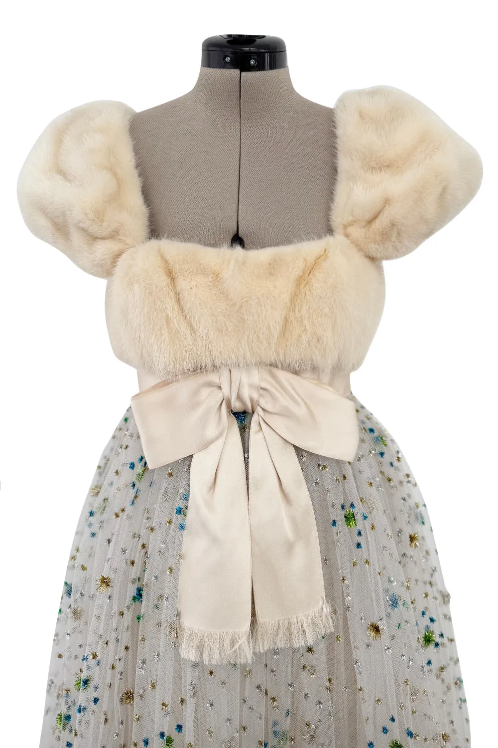 1968 Sarmi Ivory Silk Net Dress w Mink Bodice & Metallic Tinsel Dot Detailing