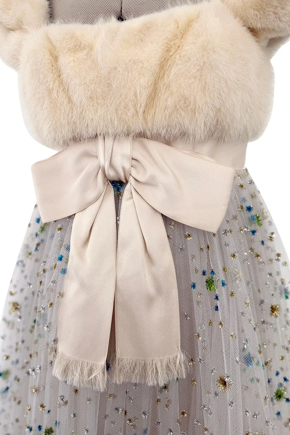 1968 Sarmi Ivory Silk Net Dress w Mink Bodice & Metallic Tinsel Dot Detailing