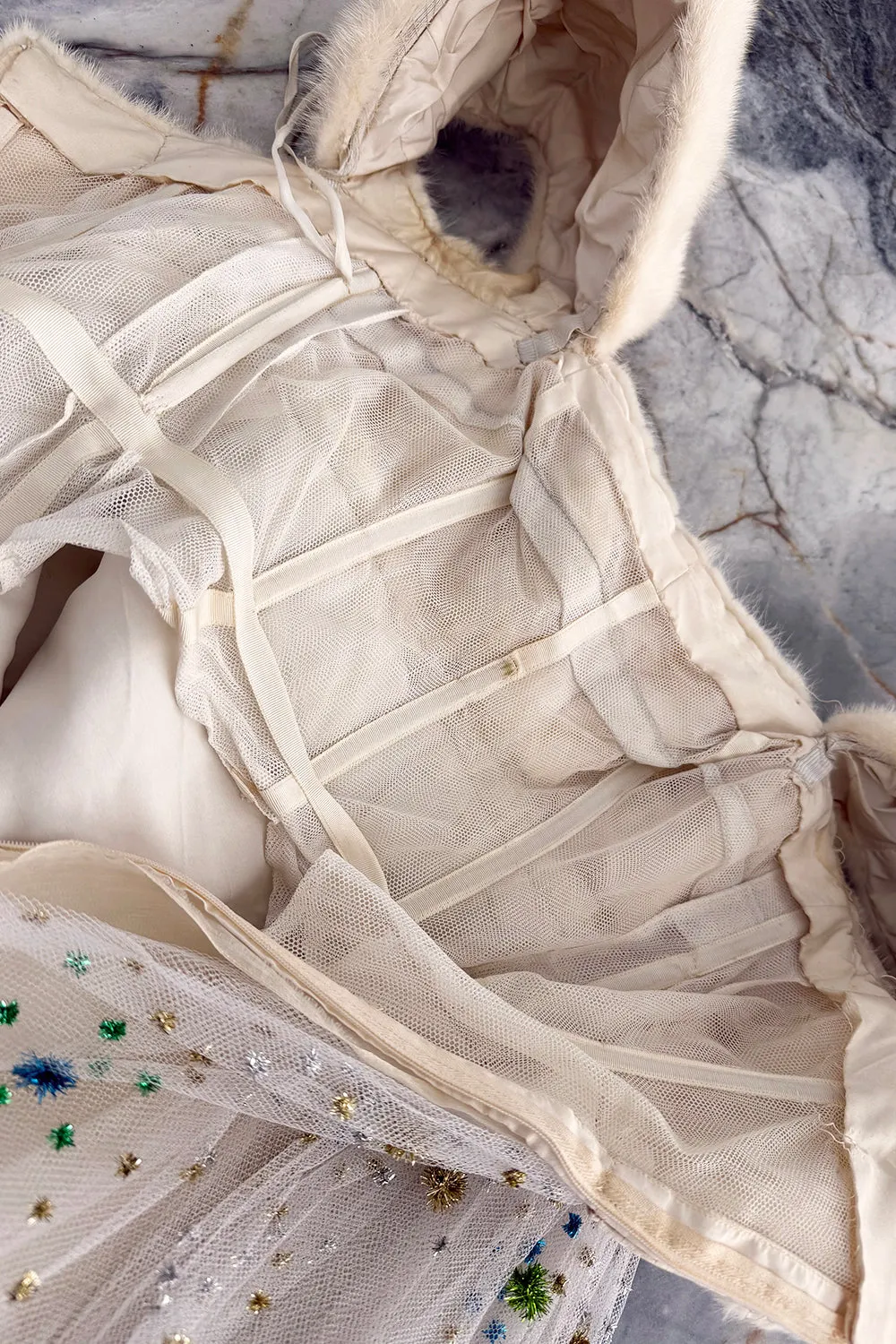 1968 Sarmi Ivory Silk Net Dress w Mink Bodice & Metallic Tinsel Dot Detailing