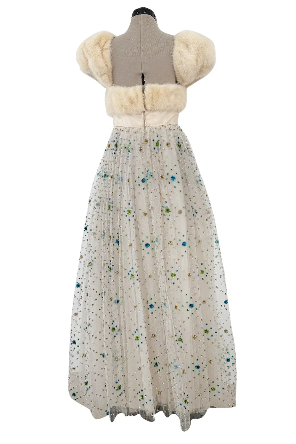 1968 Sarmi Ivory Silk Net Dress w Mink Bodice & Metallic Tinsel Dot Detailing