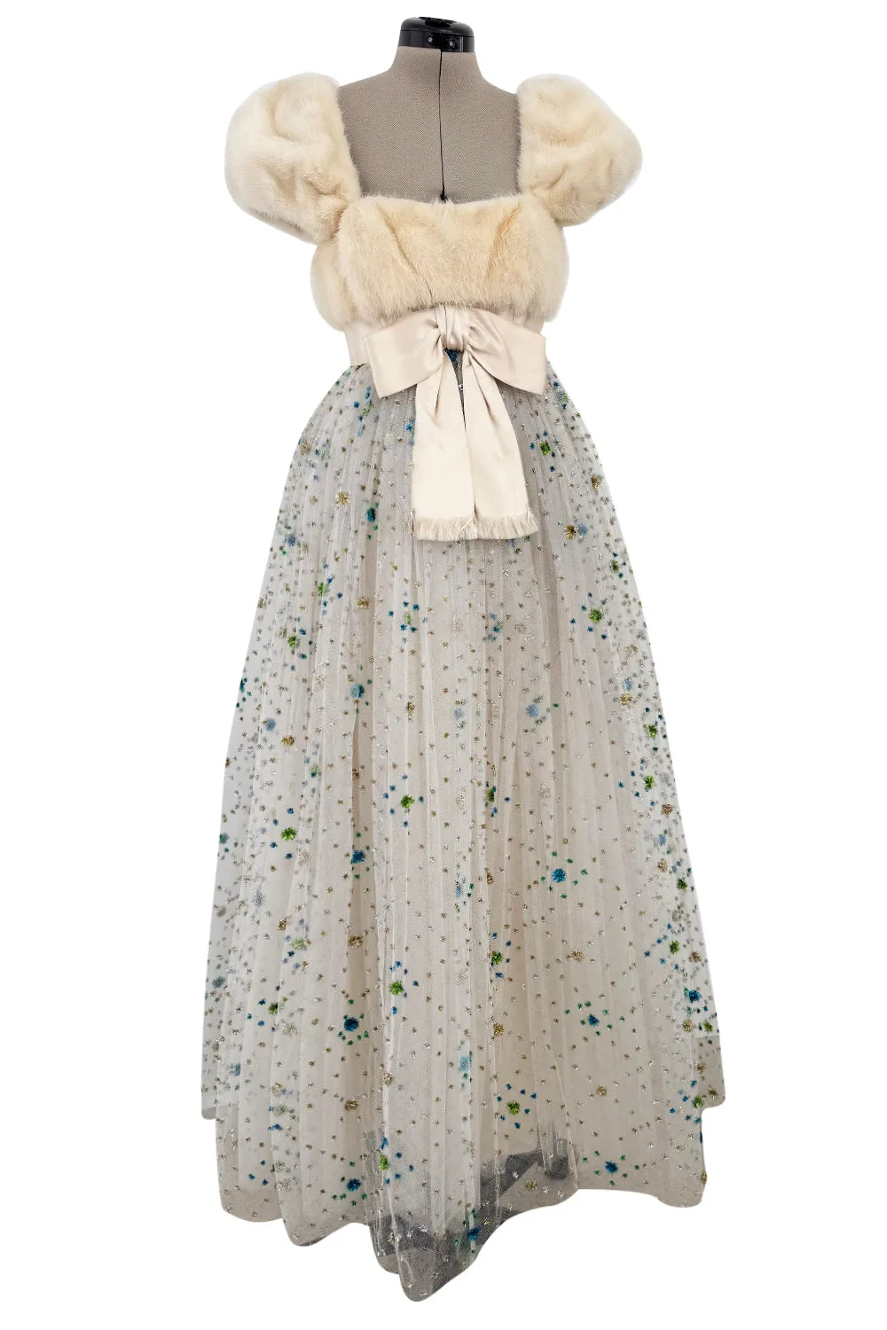 1968 Sarmi Ivory Silk Net Dress w Mink Bodice & Metallic Tinsel Dot Detailing