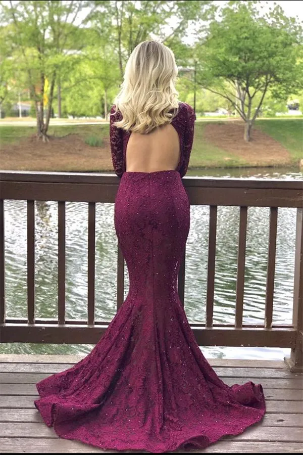 2025 Long Mermaid Burgundy Prom Dresses Lace with Sleeves Cheap Evening Gown