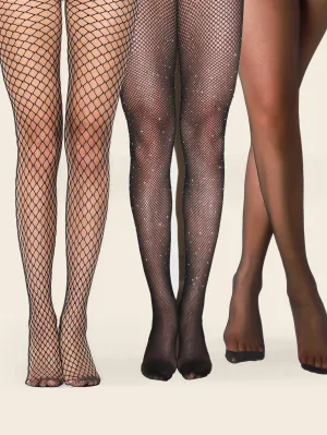 3pairs Rhinestone Decor Fishnet Mesh Tights - Black- FD ⚡