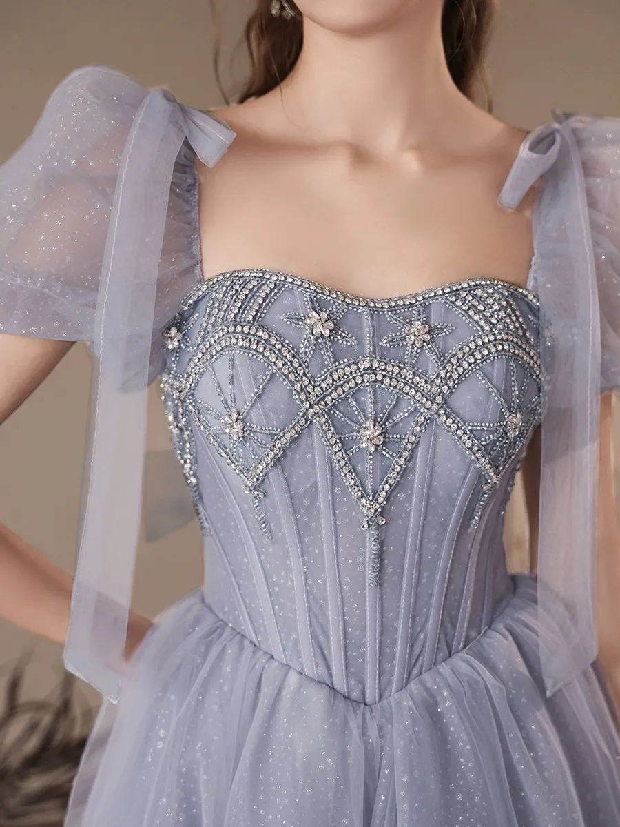A-Line Gray Blue Long Prom Dress, Gray Blue Sequin Beads Long Formal Dress