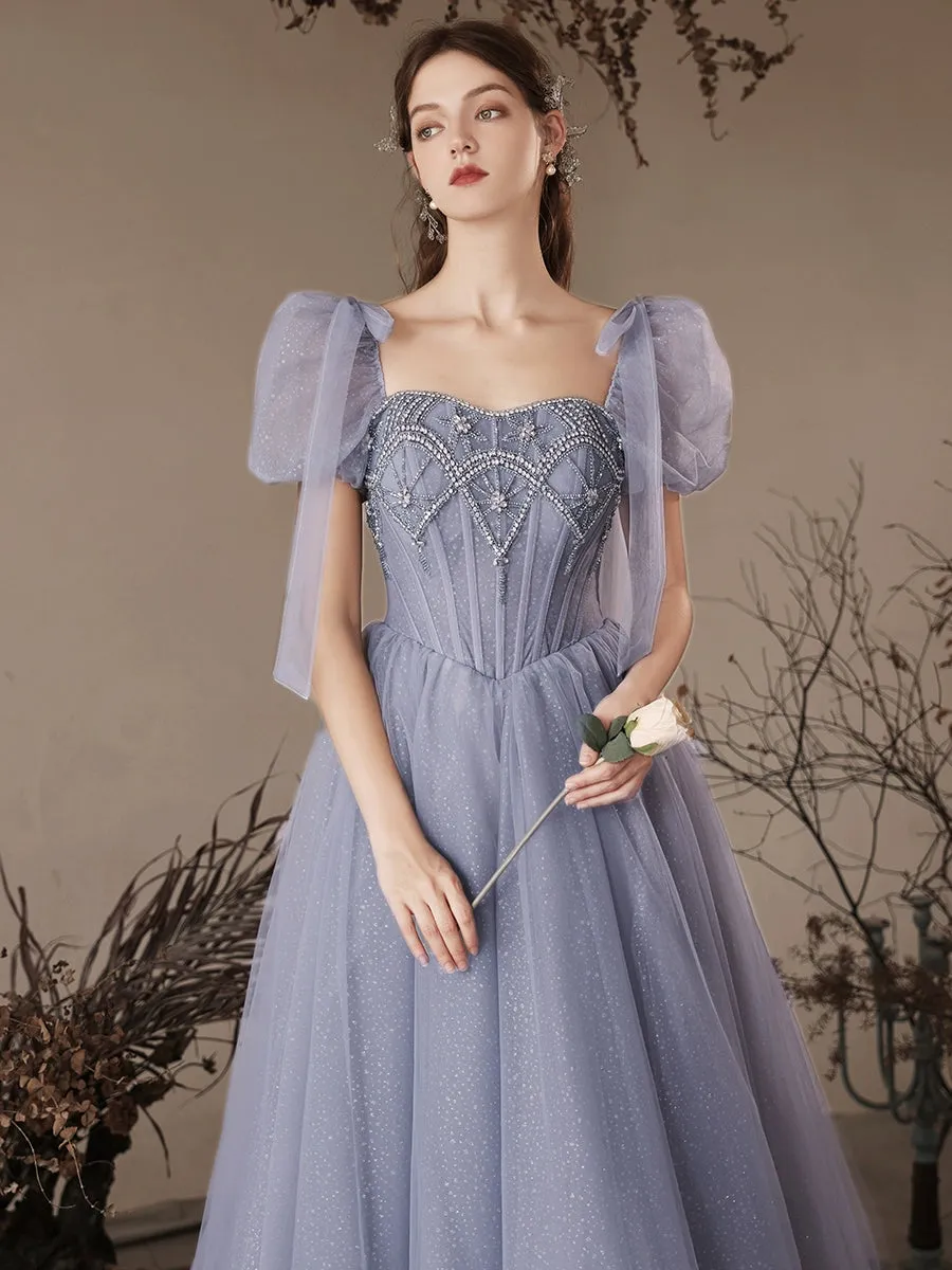 A-Line Gray Blue Long Prom Dress, Gray Blue Sequin Beads Long Formal Dress