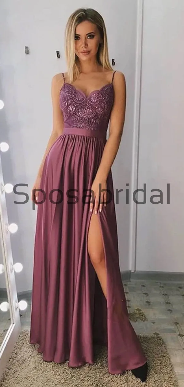 A-line Spaghetti Straps Side Slit Lace Custom Modest Prom Dresses  PD2161