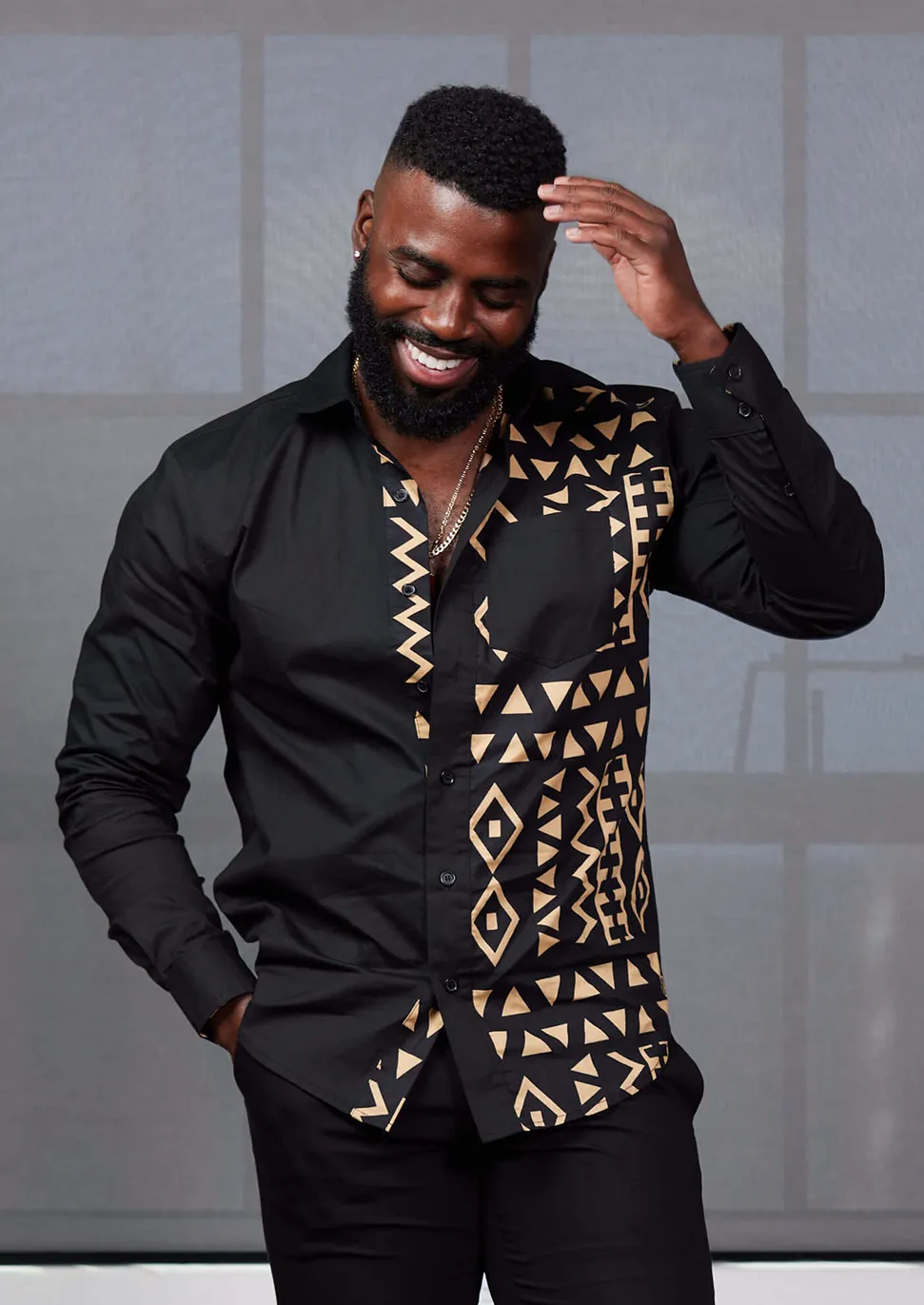 Abiade Men's African Print Button-Up (Black/Tan Black Tribal)