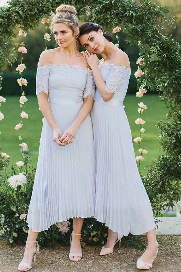 Anneprom A-Line Off-The-Shoulder Light Blue Pleated Chiffon Bridesmaid Dress With Lace APB0090
