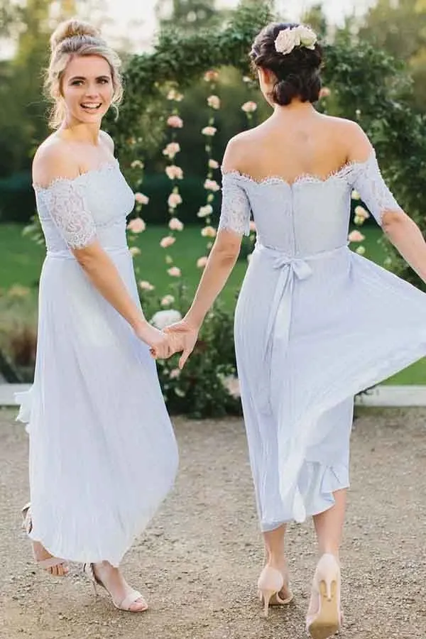 Anneprom A-Line Off-The-Shoulder Light Blue Pleated Chiffon Bridesmaid Dress With Lace APB0090