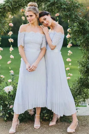 Anneprom A-Line Off-The-Shoulder Light Blue Pleated Chiffon Bridesmaid Dress With Lace APB0090