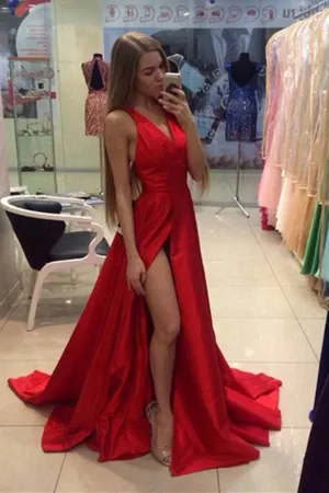 Anneprom A-Line Split-Front V-Neck Floor-Length Prom Dress Evening Dress APP0234