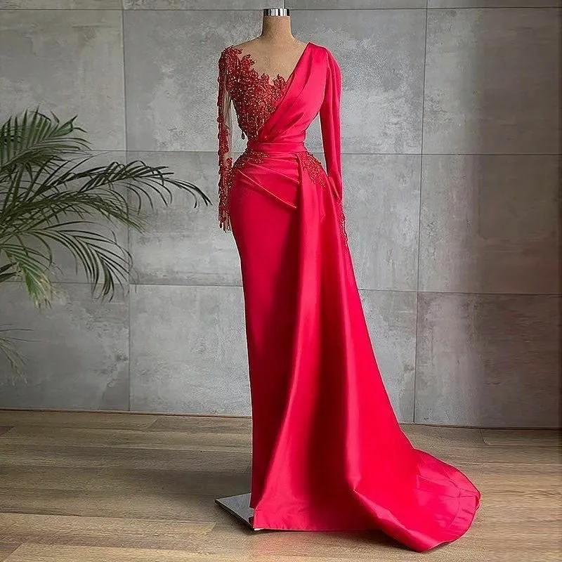 Arabic Red Satin Mermaid Prom Dresses V-Neck Pleats Beads