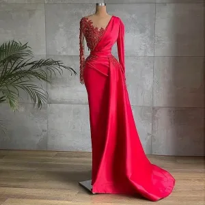 Arabic Red Satin Mermaid Prom Dresses V-Neck Pleats Beads