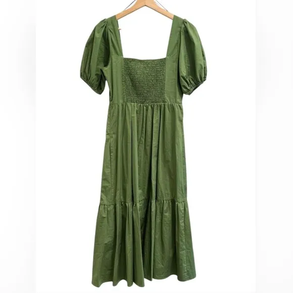 ASTR The Label Poplin Puff Sleeve Square Neck Smocked Back Empire Midi Dress