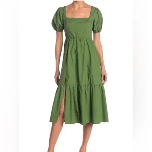 ASTR The Label Poplin Puff Sleeve Square Neck Smocked Back Empire Midi Dress
