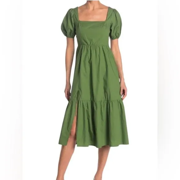 ASTR The Label Poplin Puff Sleeve Square Neck Smocked Back Empire Midi Dress