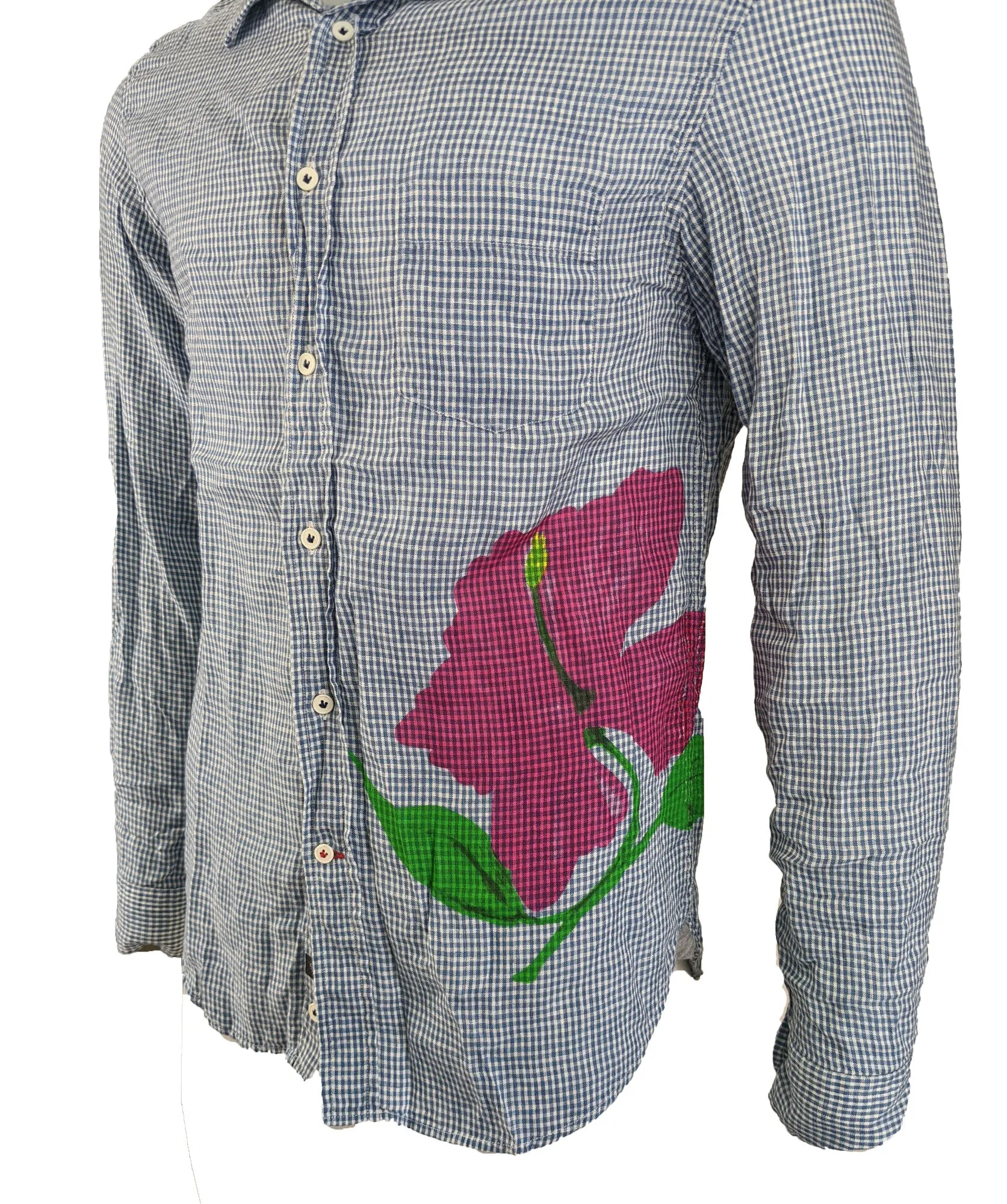 Benson Men's Blue Ginham Floral Linen Shirt CSH01LYD Size Large NWT