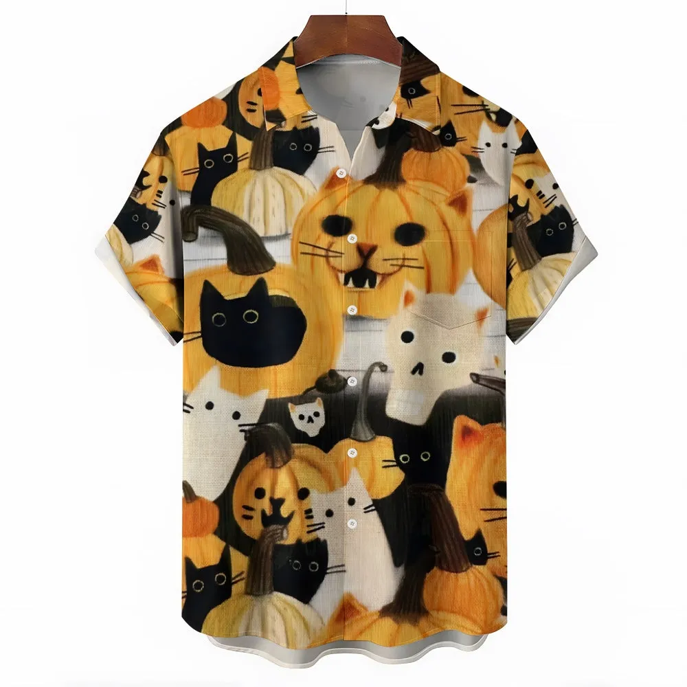 Black Cat Pumpkin Casual Short Sleeve Shirt 2410001592