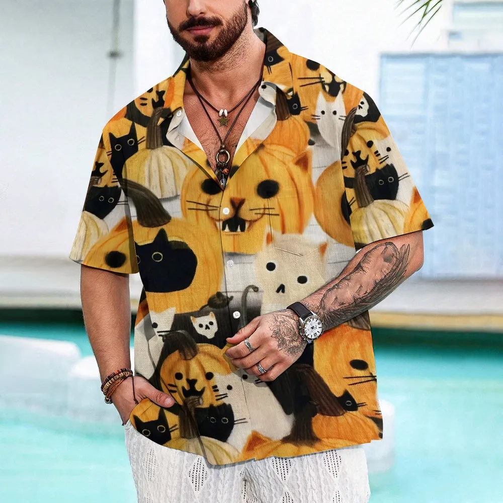 Black Cat Pumpkin Casual Short Sleeve Shirt 2410001592