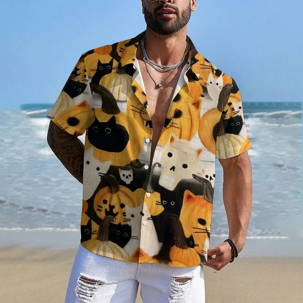 Black Cat Pumpkin Casual Short Sleeve Shirt 2410001592