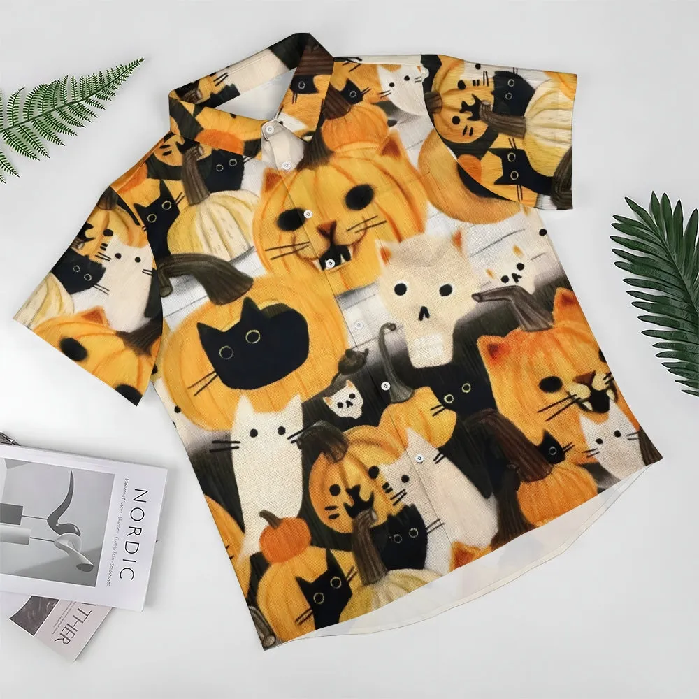 Black Cat Pumpkin Casual Short Sleeve Shirt 2410001592