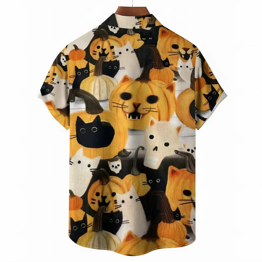 Black Cat Pumpkin Casual Short Sleeve Shirt 2410001592