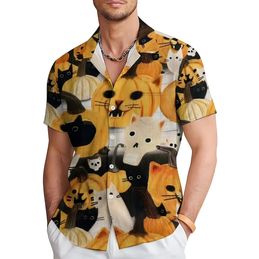 Black Cat Pumpkin Casual Short Sleeve Shirt 2410001592