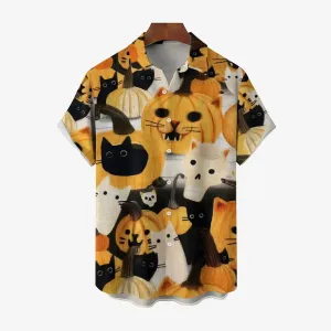 Black Cat Pumpkin Casual Short Sleeve Shirt 2410001592