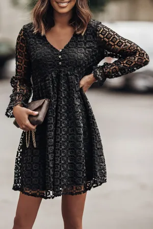 Black Lace Crochet V Neck A-line Mini Dress
