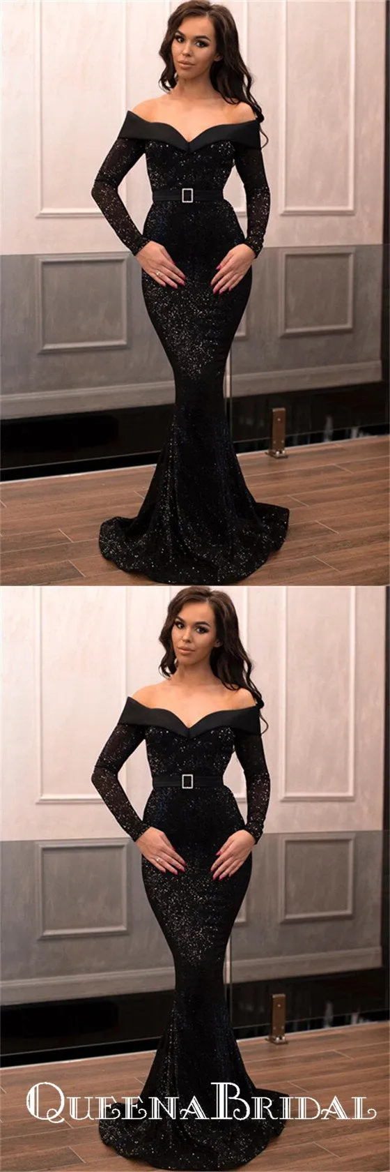 Black Sequins Long Sleeves Mermaid Off The Shoulder Long Prom Dresses, QB0791