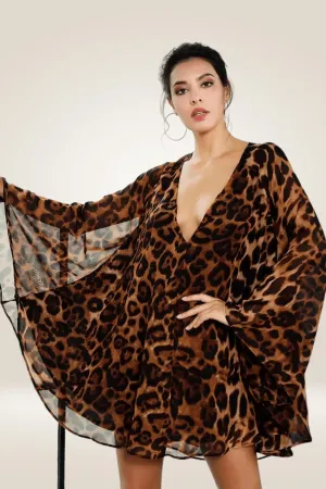 Cape Cloak Leopard Print Chiffon Jumpsuits Mini Dress