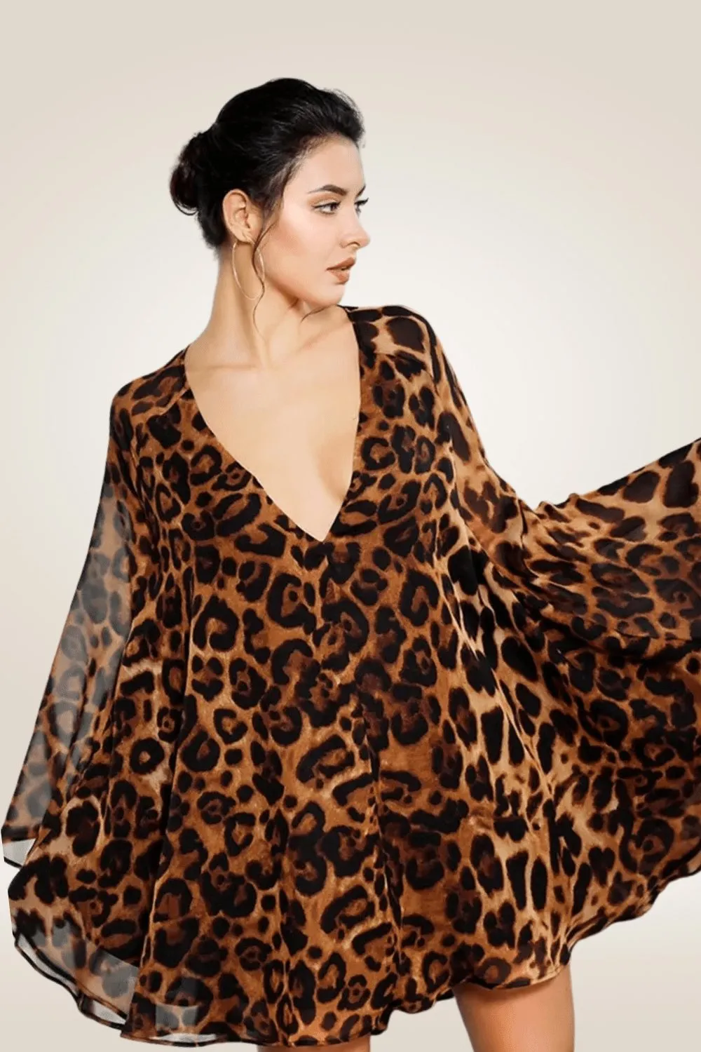Cape Cloak Leopard Print Chiffon Jumpsuits Mini Dress