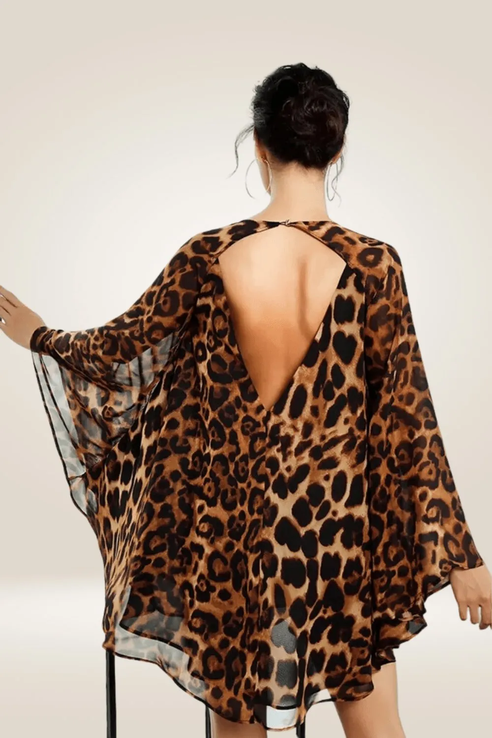 Cape Cloak Leopard Print Chiffon Jumpsuits Mini Dress