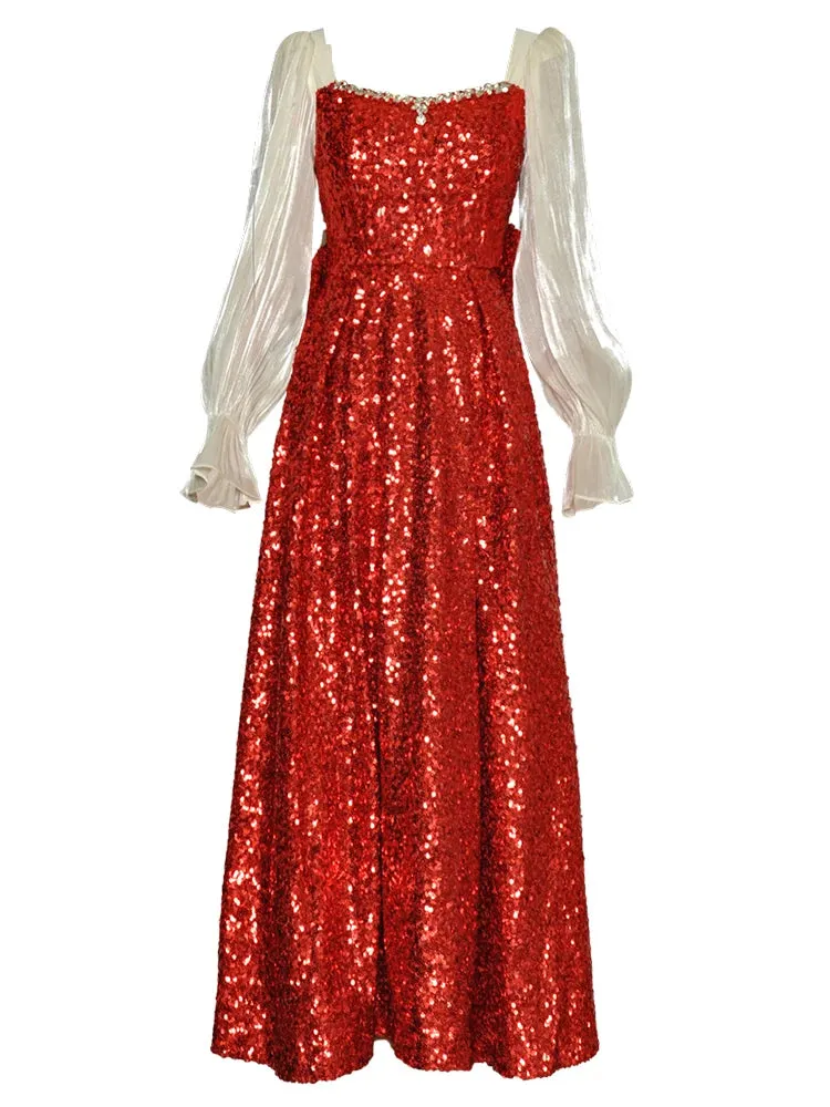 Cataleya Diamond Sequins Frenulum High Waist Slim Long Dress