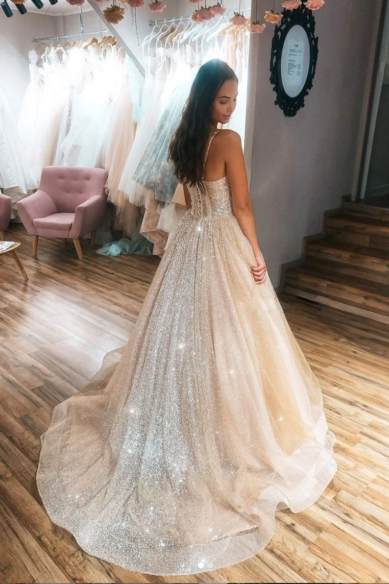 Champagne sweetheart tulle sequin long prom dress tulle formal dress