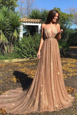 Champagne v neck tulle sequin long prom dress, champagne evening dress