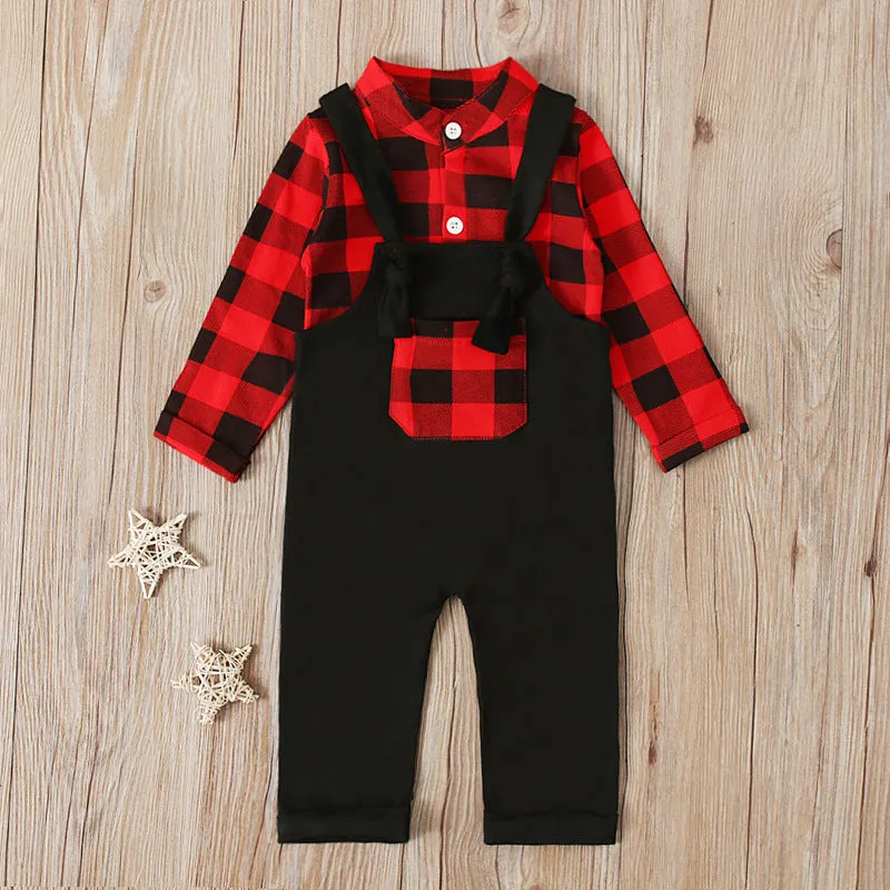 Checked Long Sleeve Romper With Dungarees 2PCS Set 12M-24M