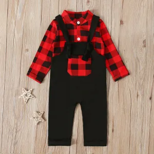 Checked Long Sleeve Romper With Dungarees 2PCS Set 12M-24M
