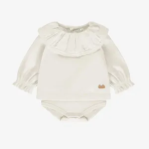 Chemise cache-couche blanche avec col à volant en popeline, naissance || White bodysuit shirt with ruffle collar in poplin, newborn