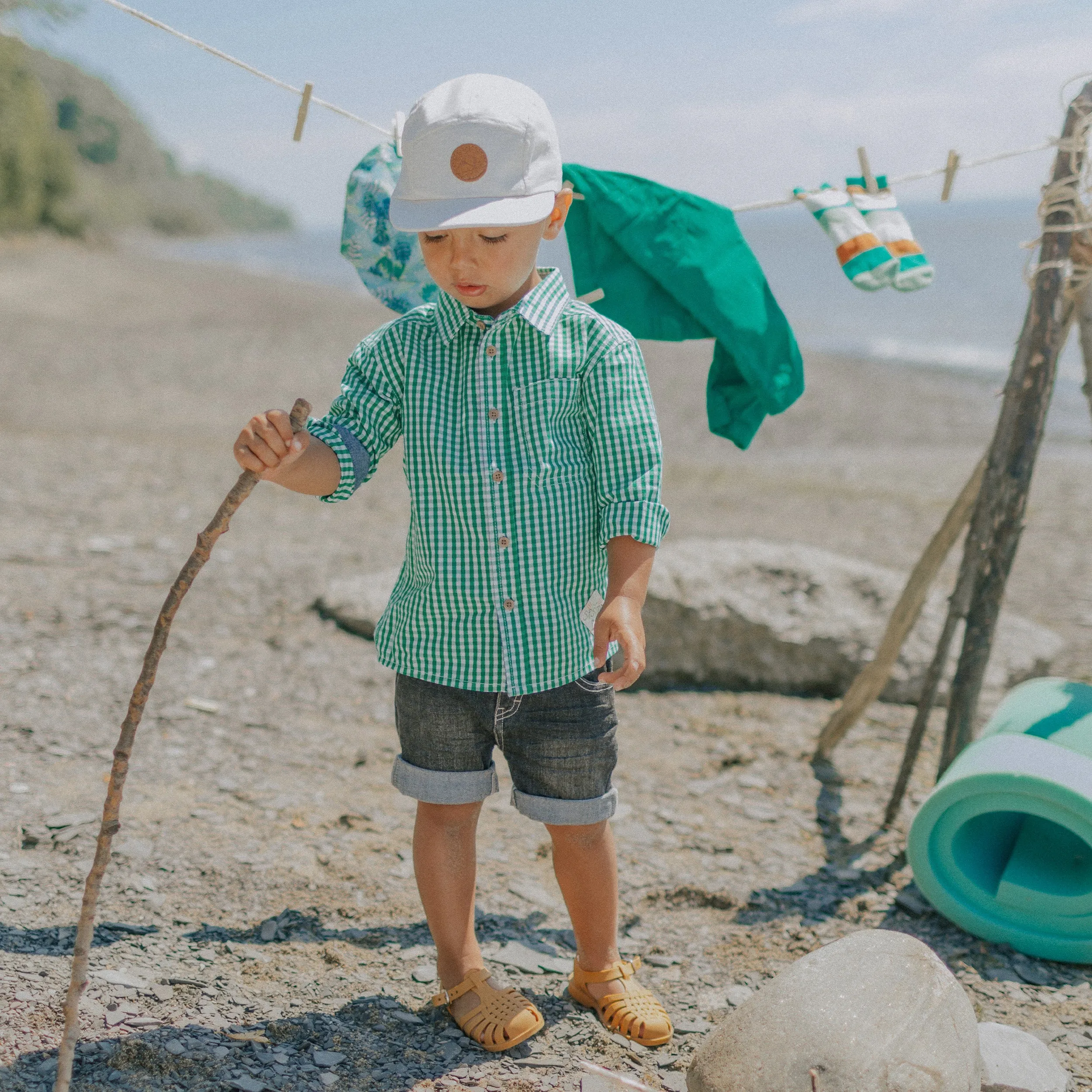 Chemise à manches longues verte à carreaux en popeline, bébé || Green plaid long sleeves shirt in poplin, baby
