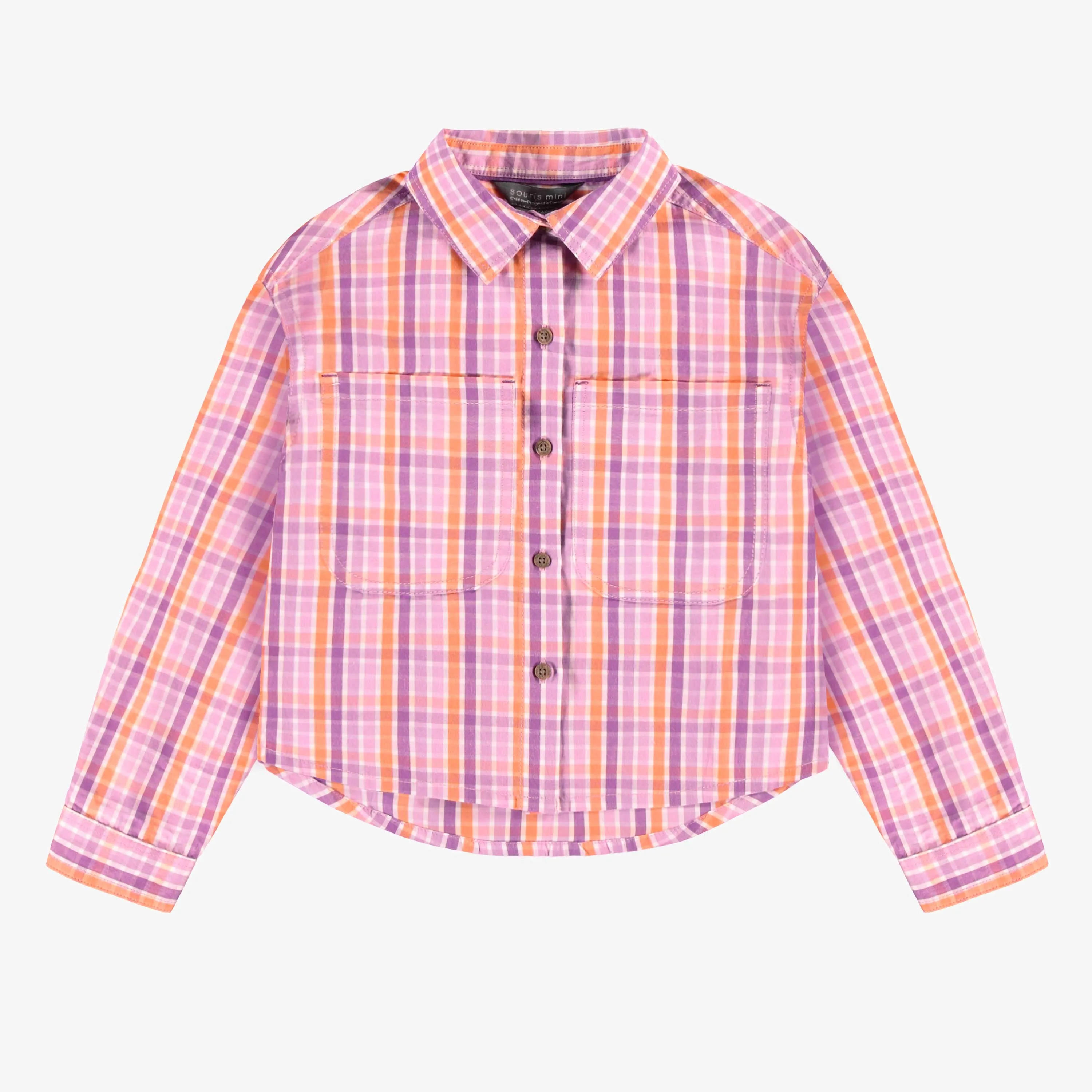 Chemise mauve et pêche à carreaux en popeline de coton, enfant || Cotton poplin purple and peach plaid shirt, child